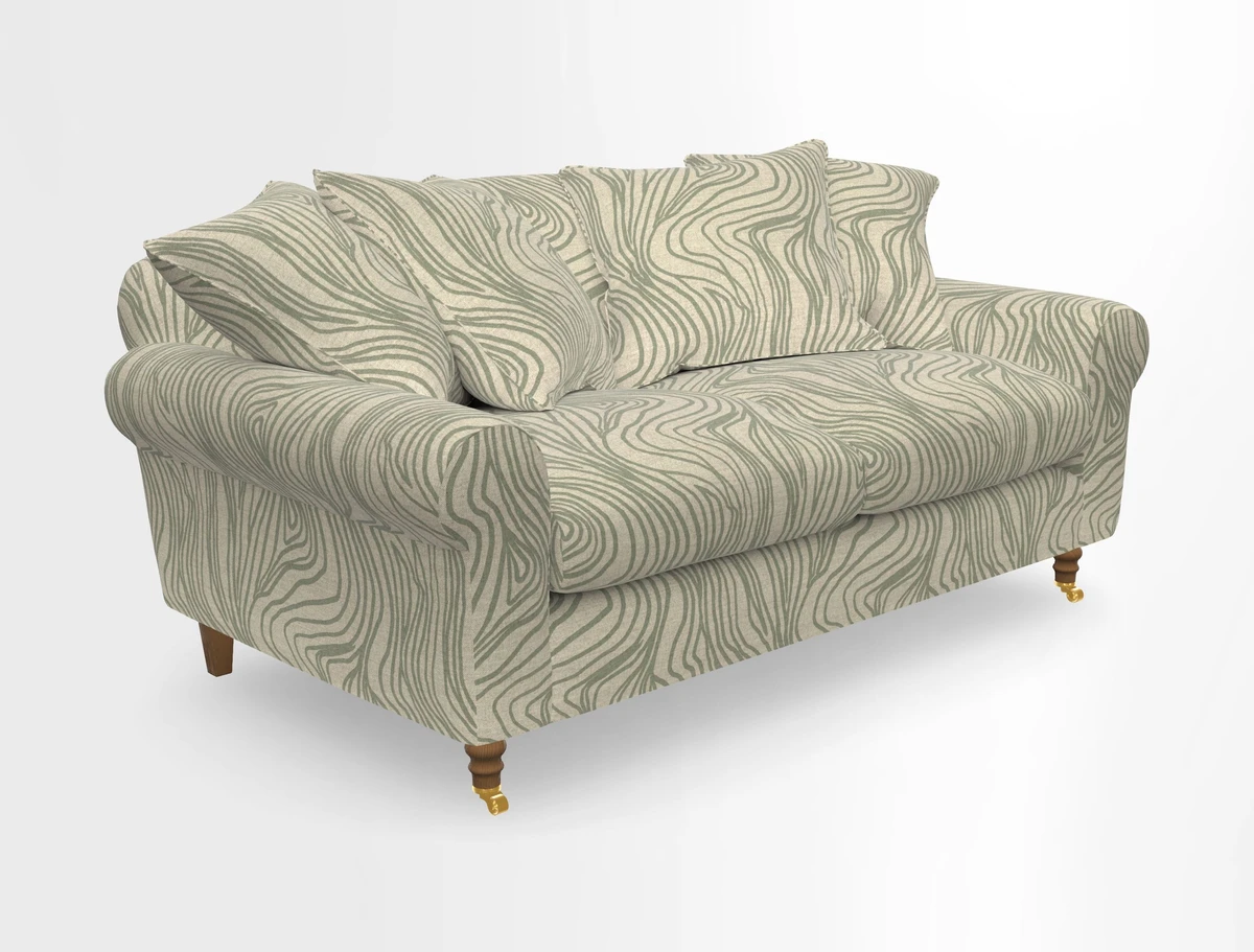 Walberswick 3 Seater Sofa in Etta's Bouquet Sunset Moss with scatters in Sussex Stripe Brick and Snape Chair in Almost Plain Velvet Spring