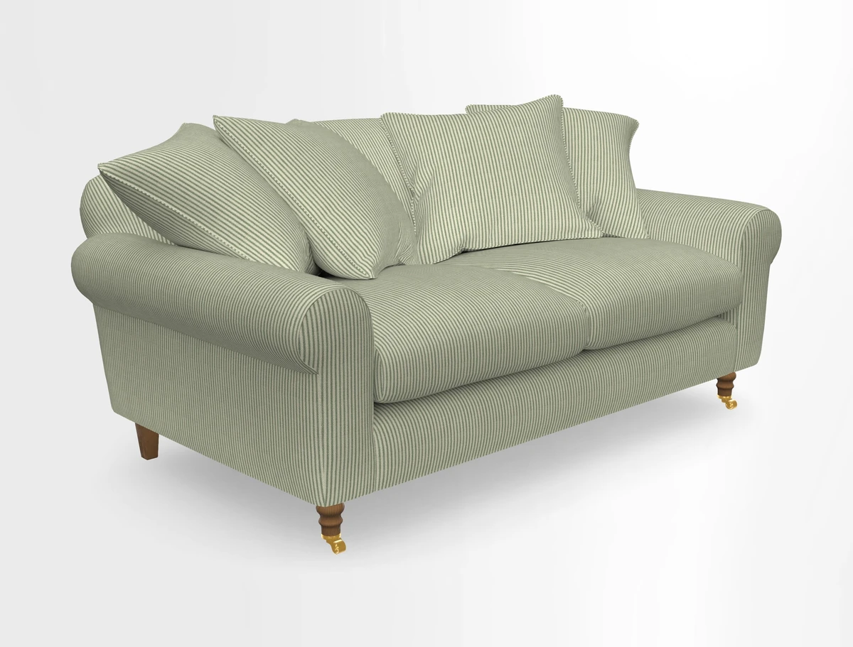 Walberswick 3 Seater Sofa in Etta's Bouquet Sunset Moss with scatters in Sussex Stripe Brick and Snape Chair in Almost Plain Velvet Spring