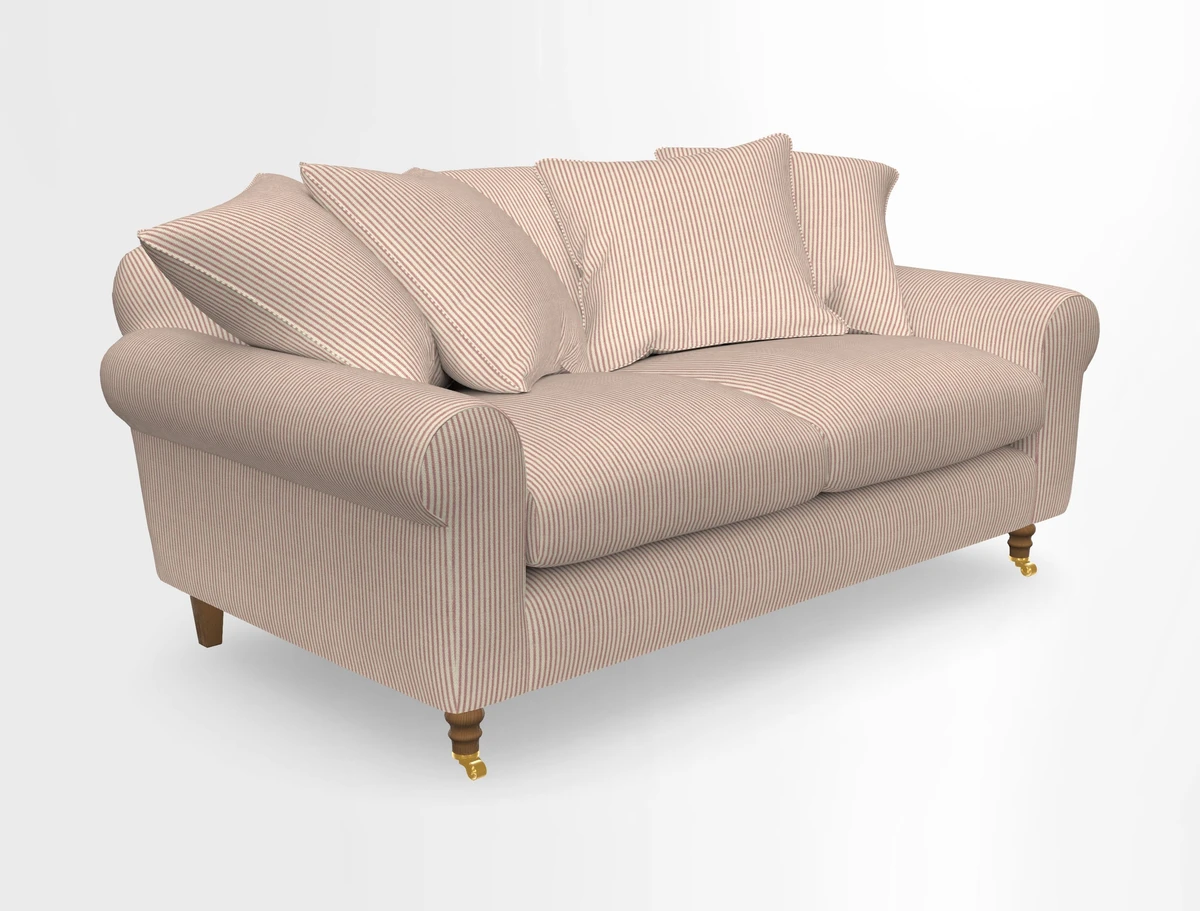 Walberswick 3 Seater Sofa in Etta's Bouquet Sunset Moss with scatters in Sussex Stripe Brick and Snape Chair in Almost Plain Velvet Spring