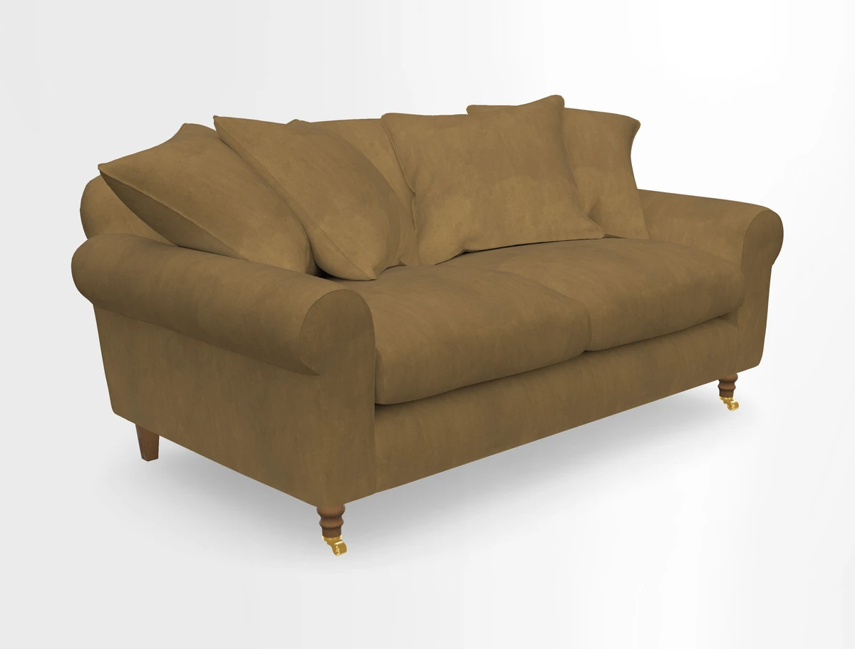 Walberswick 3 Seater Sofa in Etta's Bouquet Sunset Moss with scatters in Sussex Stripe Brick and Snape Chair in Almost Plain Velvet Spring