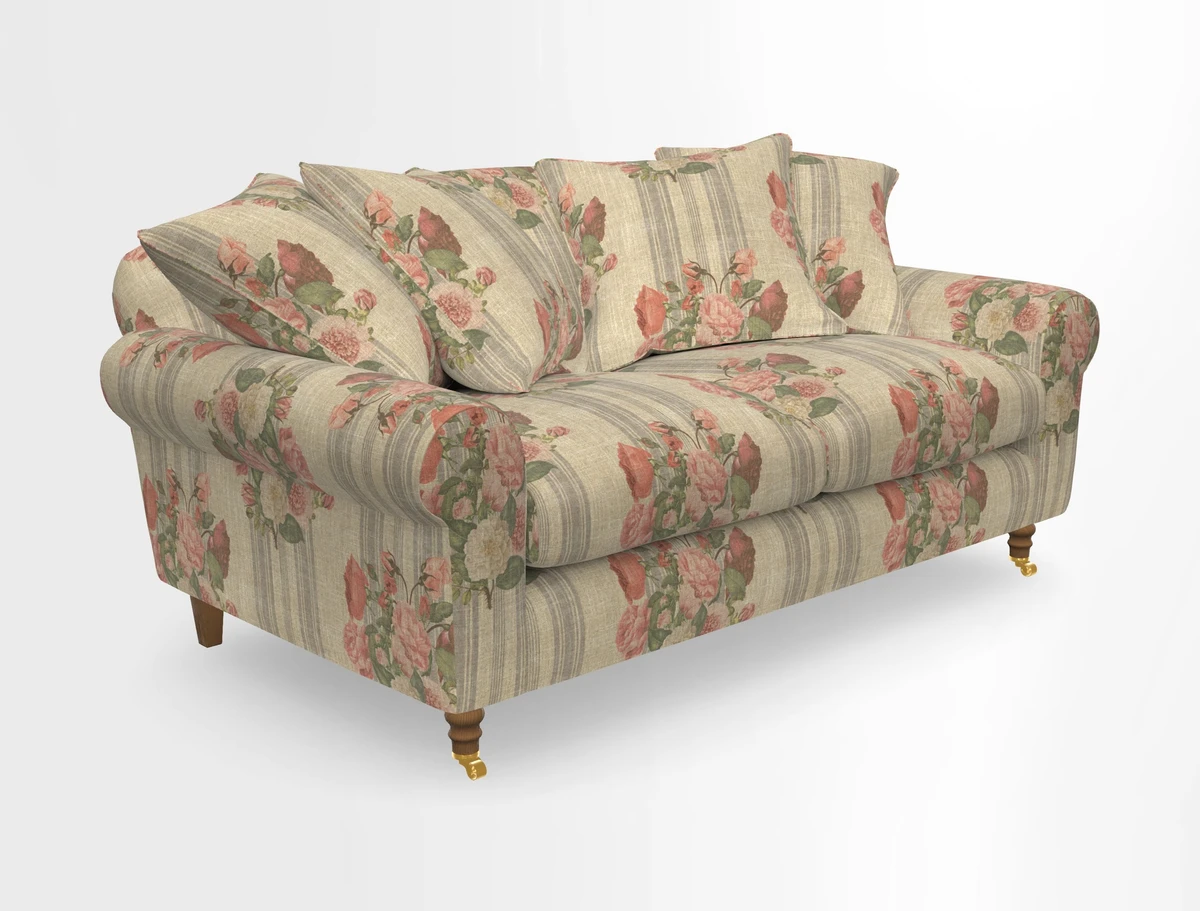 Walberswick 3 Seater Sofa in Etta's Bouquet Sunset Moss with scatters in Sussex Stripe Brick and Snape Chair in Almost Plain Velvet Spring