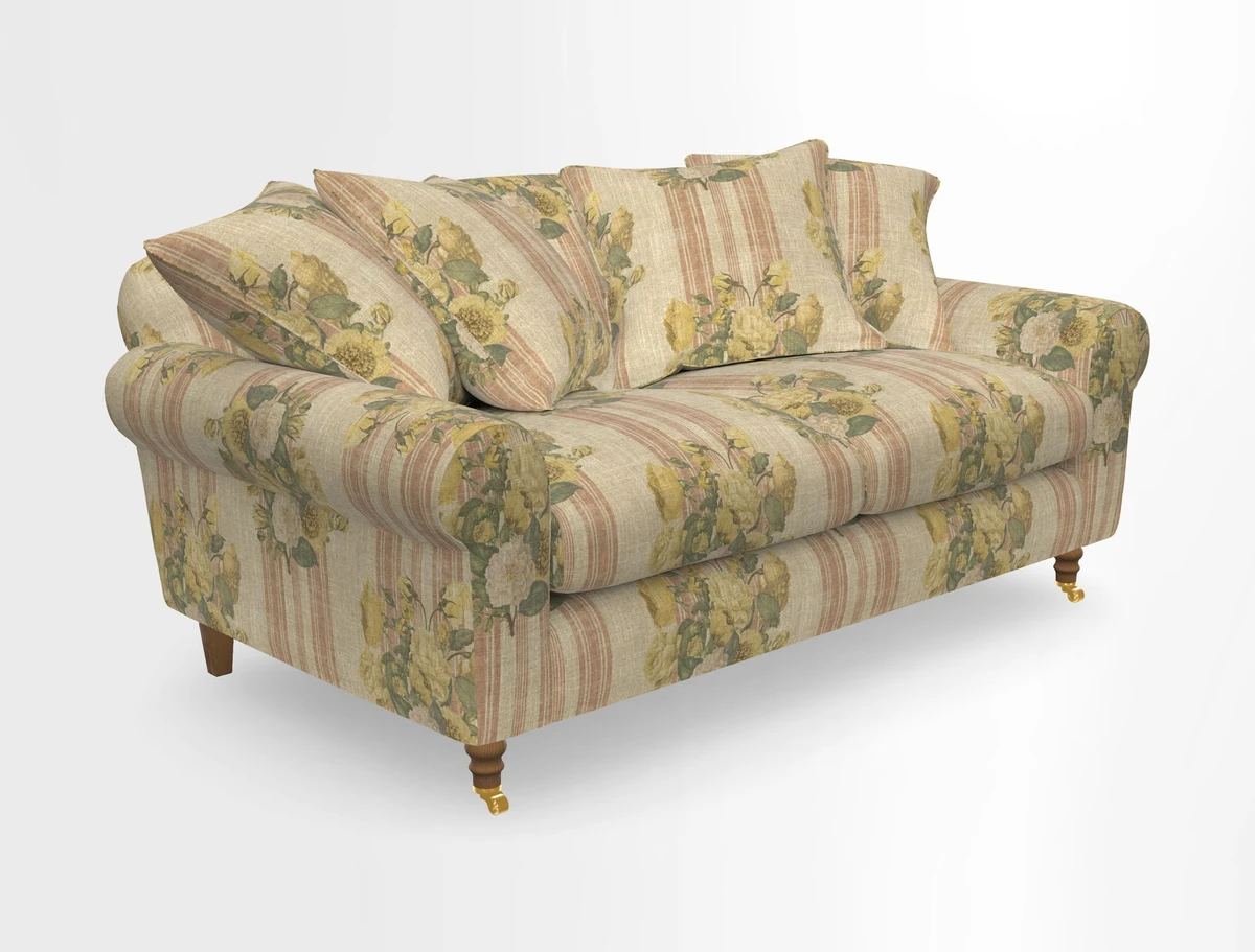 Walberswick 3 Seater Sofa in Etta's Bouquet Sunset Moss with scatters in Sussex Stripe Brick and Snape Chair in Almost Plain Velvet Spring