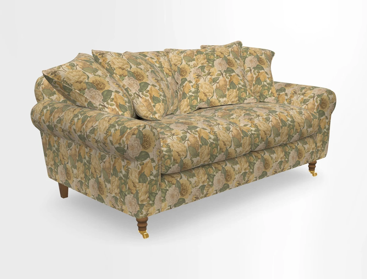 Walberswick 3 Seater Sofa in Etta's Bouquet Sunset Moss with scatters in Sussex Stripe Brick and Snape Chair in Almost Plain Velvet Spring