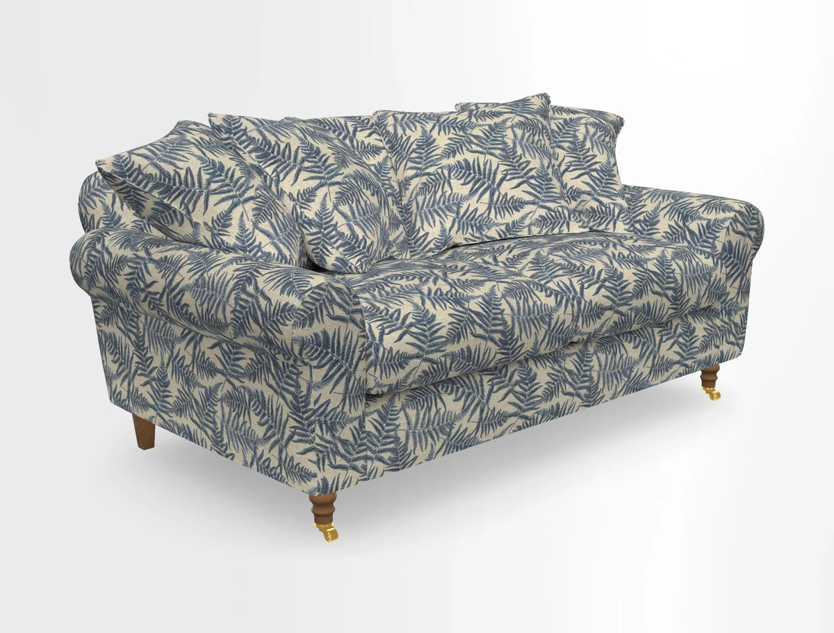 Walberswick 3 Seater Sofa in Etta's Bouquet Sunset Moss with scatters in Sussex Stripe Brick and Snape Chair in Almost Plain Velvet Spring