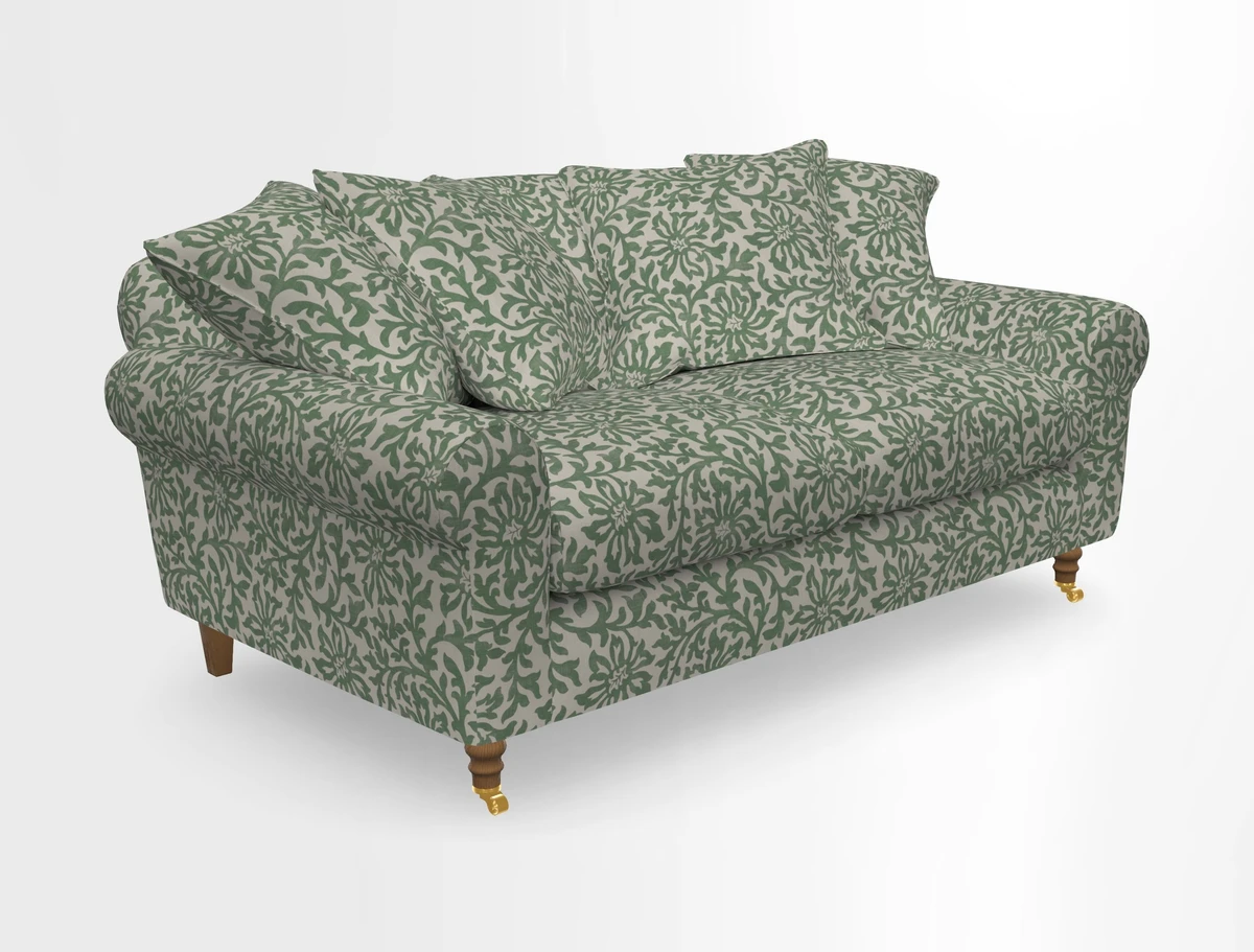 Walberswick 3 Seater Sofa in Etta's Bouquet Sunset Moss with scatters in Sussex Stripe Brick and Snape Chair in Almost Plain Velvet Spring