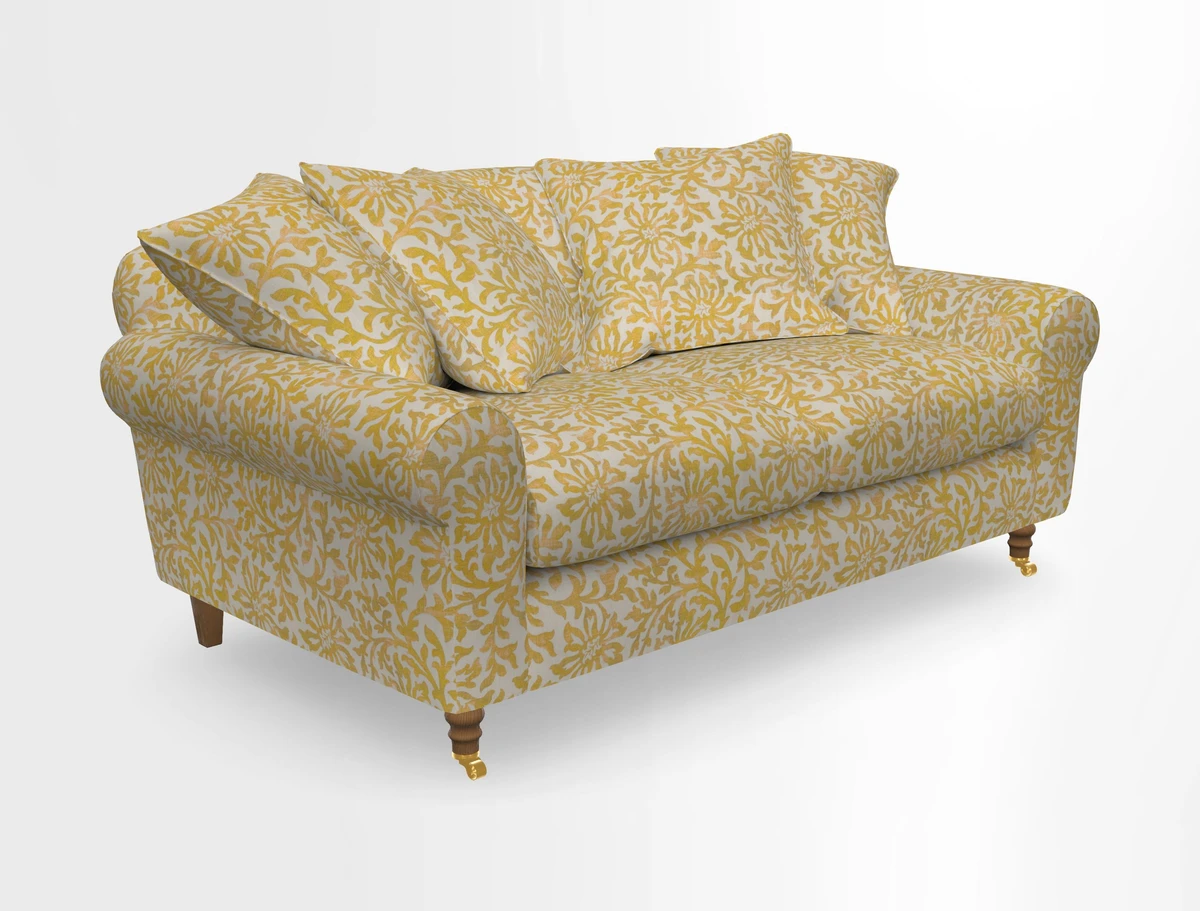 Walberswick 3 Seater Sofa in Etta's Bouquet Sunset Moss with scatters in Sussex Stripe Brick and Snape Chair in Almost Plain Velvet Spring