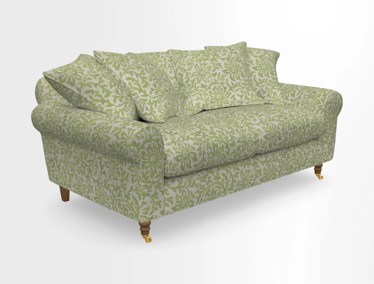 Walberswick 3 Seater Sofa in Etta's Bouquet Sunset Moss with scatters in Sussex Stripe Brick and Snape Chair in Almost Plain Velvet Spring