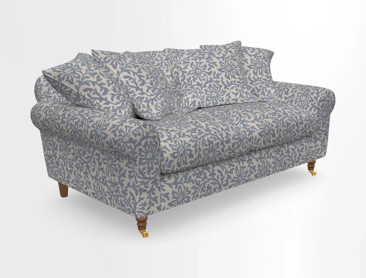Walberswick 3 Seater Sofa in Etta's Bouquet Sunset Moss with scatters in Sussex Stripe Brick and Snape Chair in Almost Plain Velvet Spring