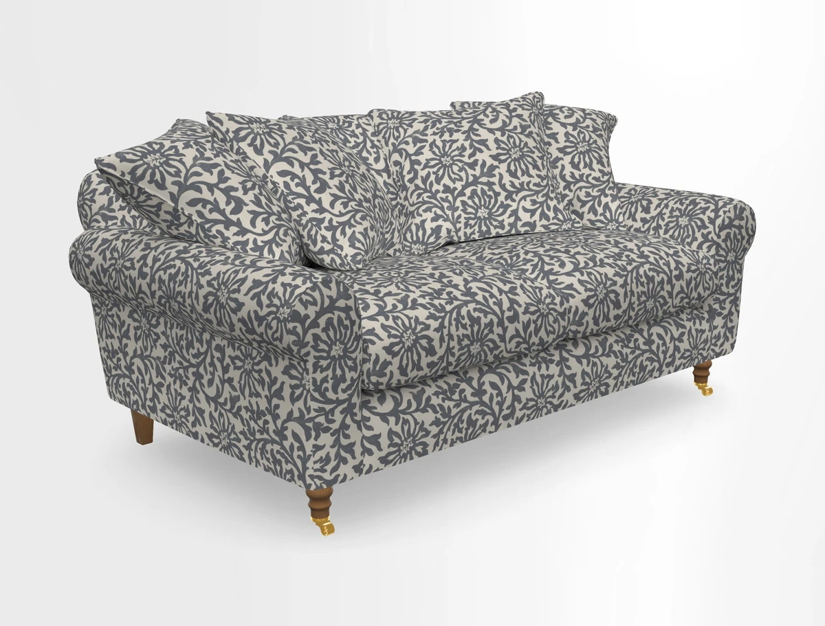 Walberswick 3 Seater Sofa in Etta's Bouquet Sunset Moss with scatters in Sussex Stripe Brick and Snape Chair in Almost Plain Velvet Spring