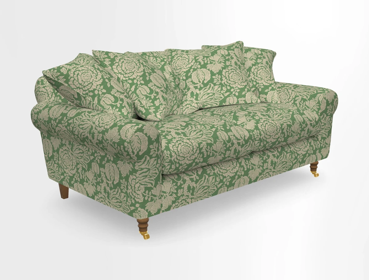 Walberswick 3 Seater Sofa in Etta's Bouquet Sunset Moss with scatters in Sussex Stripe Brick and Snape Chair in Almost Plain Velvet Spring