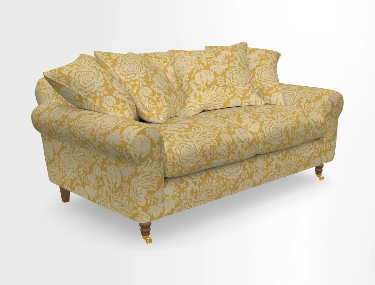 Walberswick 3 Seater Sofa in Etta's Bouquet Sunset Moss with scatters in Sussex Stripe Brick and Snape Chair in Almost Plain Velvet Spring