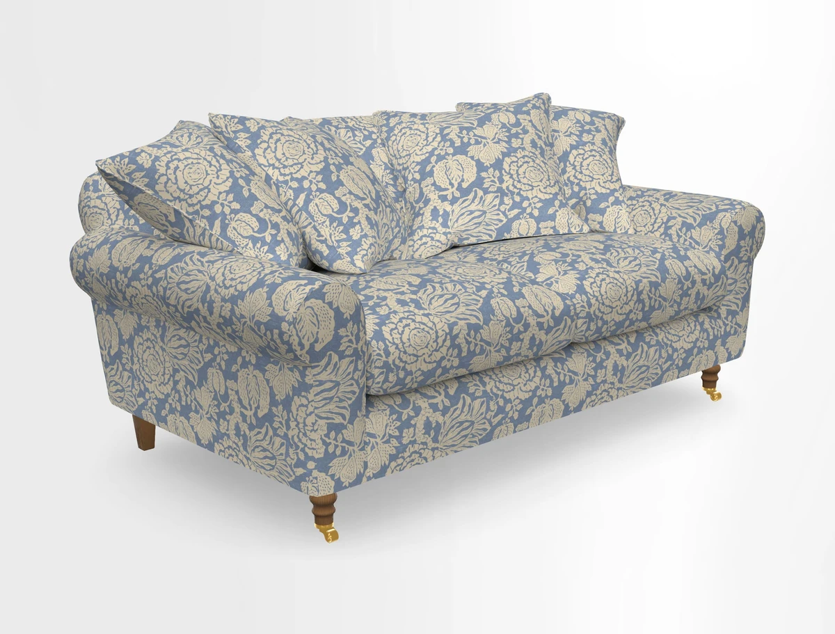 Walberswick 3 Seater Sofa in Etta's Bouquet Sunset Moss with scatters in Sussex Stripe Brick and Snape Chair in Almost Plain Velvet Spring