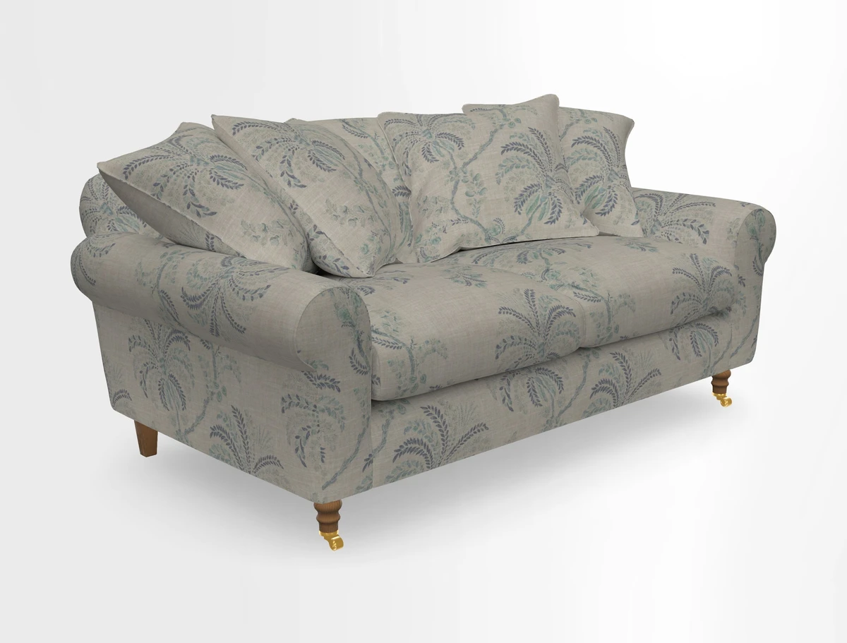 Walberswick 3 Seater Sofa in Etta's Bouquet Sunset Moss with scatters in Sussex Stripe Brick and Snape Chair in Almost Plain Velvet Spring