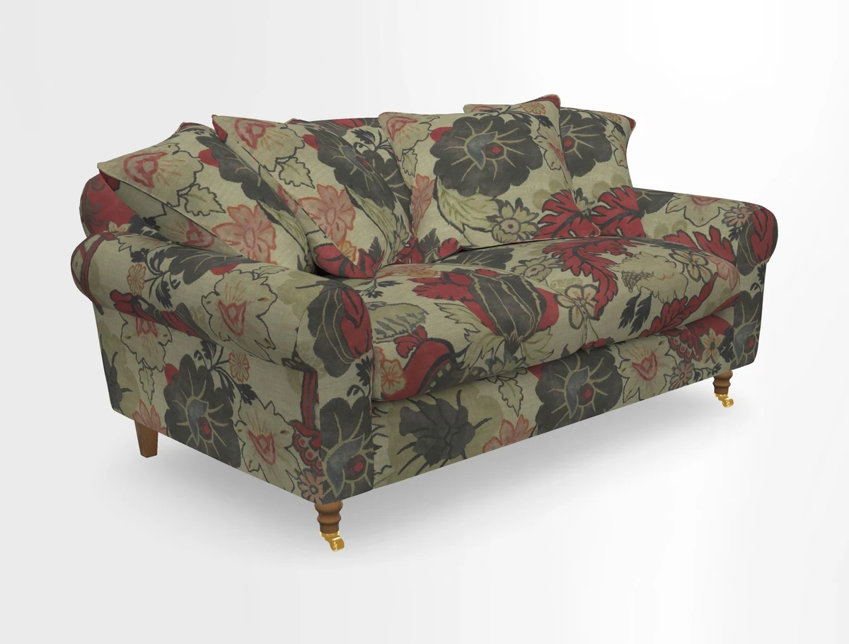 Walberswick 3 Seater Sofa in Etta's Bouquet Sunset Moss with scatters in Sussex Stripe Brick and Snape Chair in Almost Plain Velvet Spring