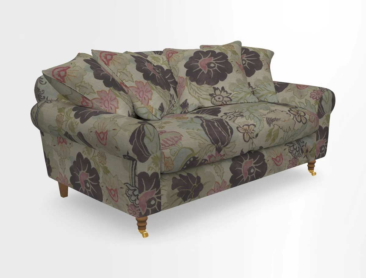Walberswick 3 Seater Sofa in Etta's Bouquet Sunset Moss with scatters in Sussex Stripe Brick and Snape Chair in Almost Plain Velvet Spring