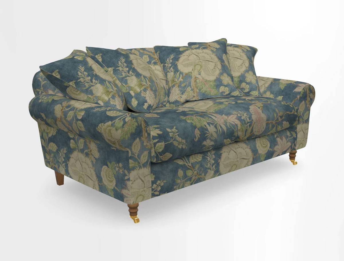 Walberswick 3 Seater Sofa in Etta's Bouquet Sunset Moss with scatters in Sussex Stripe Brick and Snape Chair in Almost Plain Velvet Spring