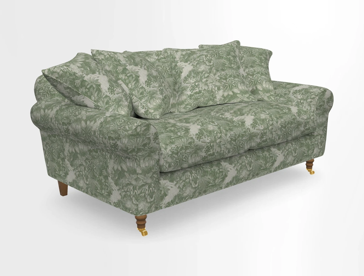 Walberswick 3 Seater Sofa in Etta's Bouquet Sunset Moss with scatters in Sussex Stripe Brick and Snape Chair in Almost Plain Velvet Spring