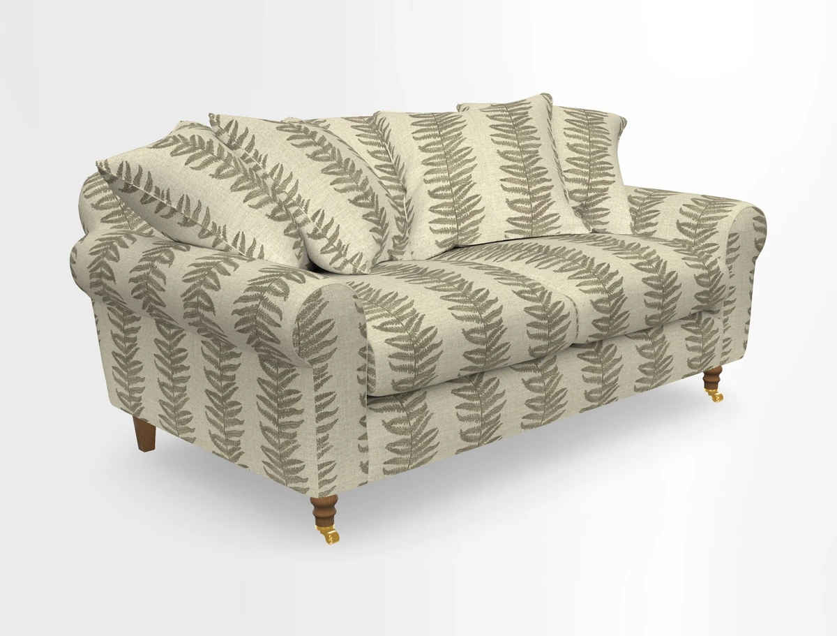 Walberswick 3 Seater Sofa in Etta's Bouquet Sunset Moss with scatters in Sussex Stripe Brick and Snape Chair in Almost Plain Velvet Spring