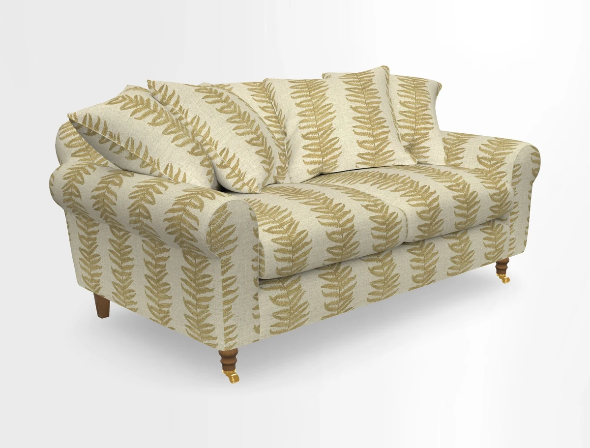 Walberswick 3 Seater Sofa in Etta's Bouquet Sunset Moss with scatters in Sussex Stripe Brick and Snape Chair in Almost Plain Velvet Spring