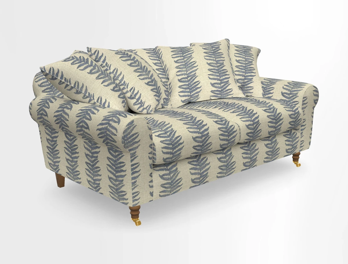 Walberswick 3 Seater Sofa in Etta's Bouquet Sunset Moss with scatters in Sussex Stripe Brick and Snape Chair in Almost Plain Velvet Spring