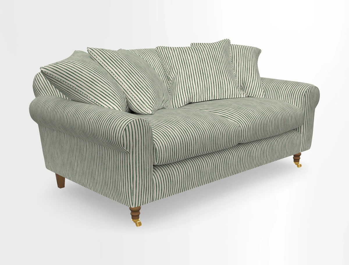 Walberswick 3 Seater Sofa in Etta's Bouquet Sunset Moss with scatters in Sussex Stripe Brick and Snape Chair in Almost Plain Velvet Spring