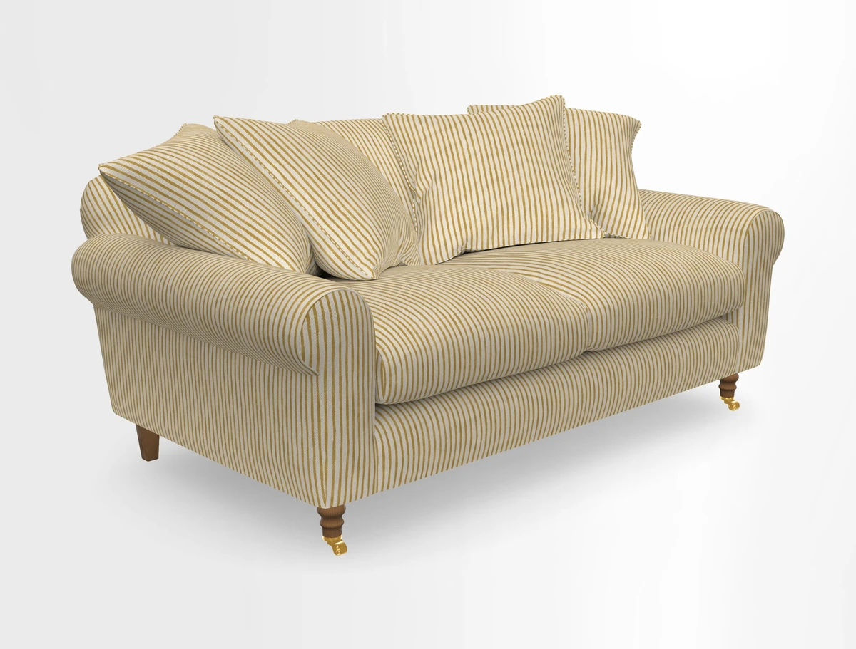 Walberswick 3 Seater Sofa in Etta's Bouquet Sunset Moss with scatters in Sussex Stripe Brick and Snape Chair in Almost Plain Velvet Spring