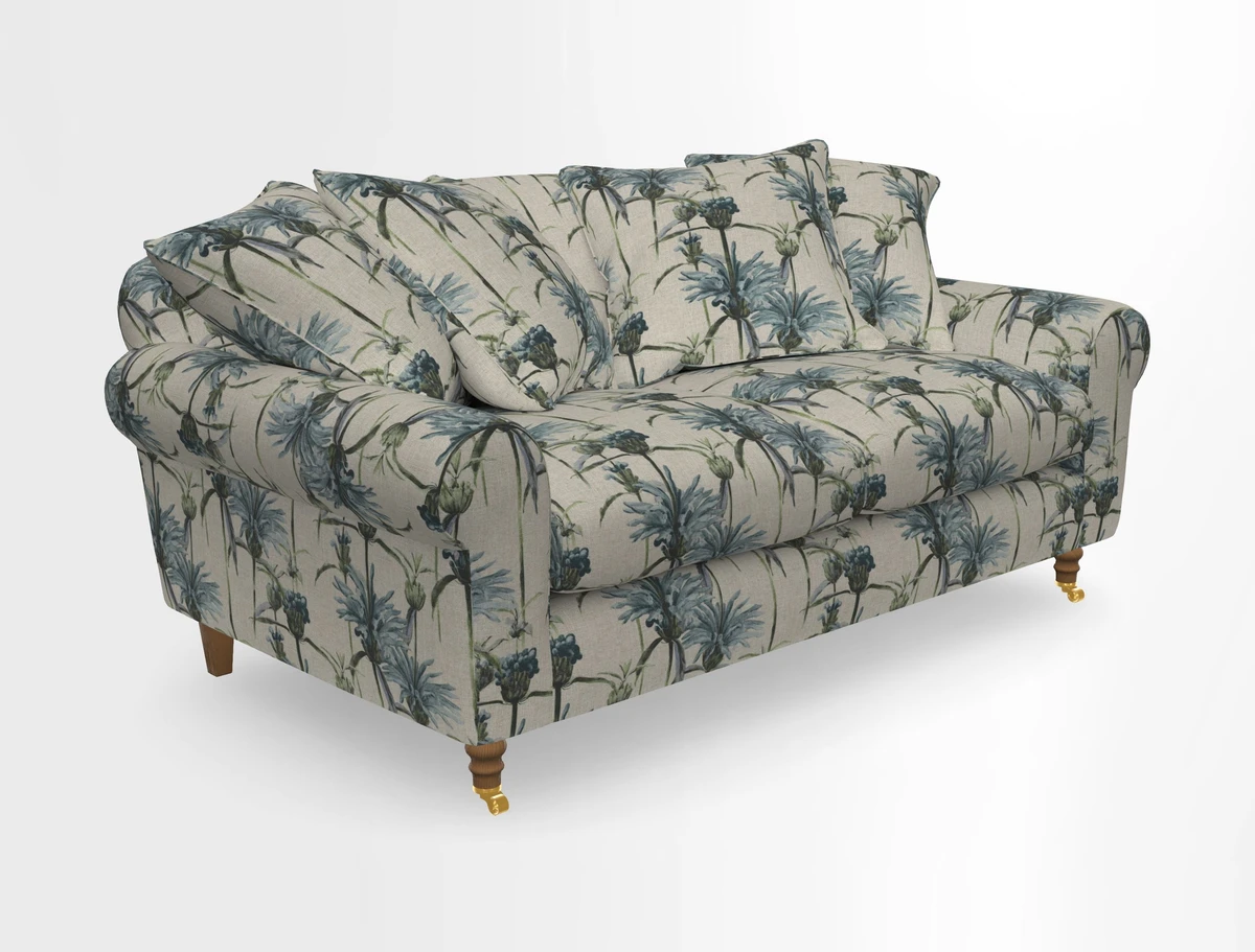 Walberswick 3 Seater Sofa in Etta's Bouquet Sunset Moss with scatters in Sussex Stripe Brick and Snape Chair in Almost Plain Velvet Spring