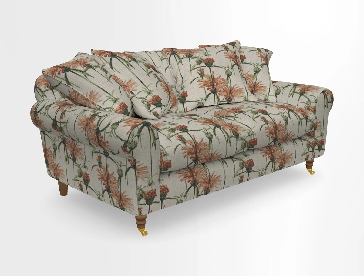 Walberswick 3 Seater Sofa in Etta's Bouquet Sunset Moss with scatters in Sussex Stripe Brick and Snape Chair in Almost Plain Velvet Spring