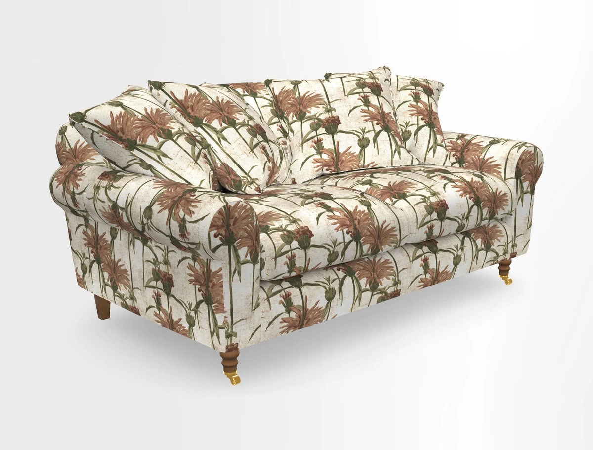 Walberswick 3 Seater Sofa in Etta's Bouquet Sunset Moss with scatters in Sussex Stripe Brick and Snape Chair in Almost Plain Velvet Spring