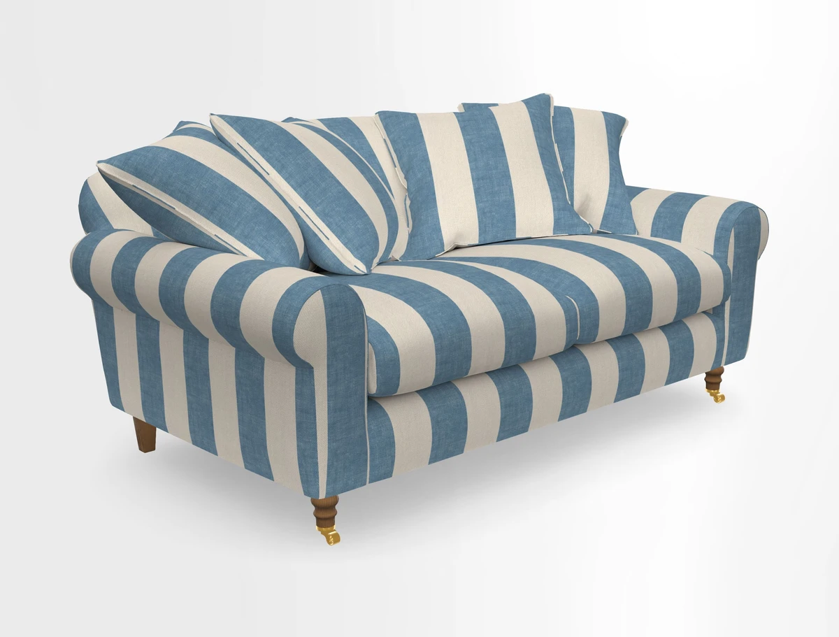 Walberswick 3 Seater Sofa in Etta's Bouquet Sunset Moss with scatters in Sussex Stripe Brick and Snape Chair in Almost Plain Velvet Spring
