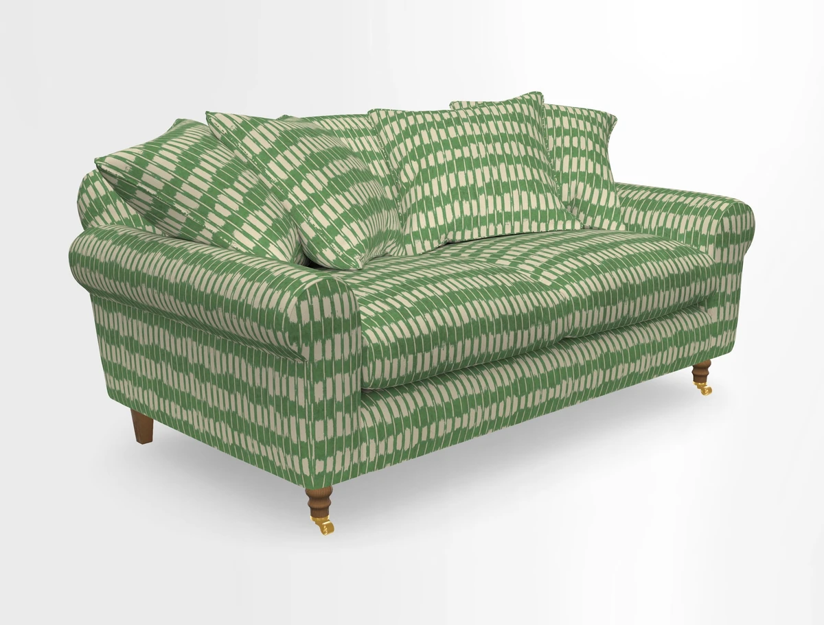 Walberswick 3 Seater Sofa in Etta's Bouquet Sunset Moss with scatters in Sussex Stripe Brick and Snape Chair in Almost Plain Velvet Spring
