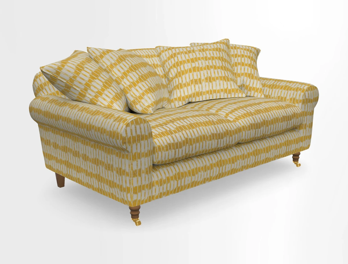 Walberswick 3 Seater Sofa in Etta's Bouquet Sunset Moss with scatters in Sussex Stripe Brick and Snape Chair in Almost Plain Velvet Spring