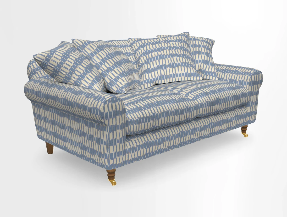 Walberswick 3 Seater Sofa in Etta's Bouquet Sunset Moss with scatters in Sussex Stripe Brick and Snape Chair in Almost Plain Velvet Spring
