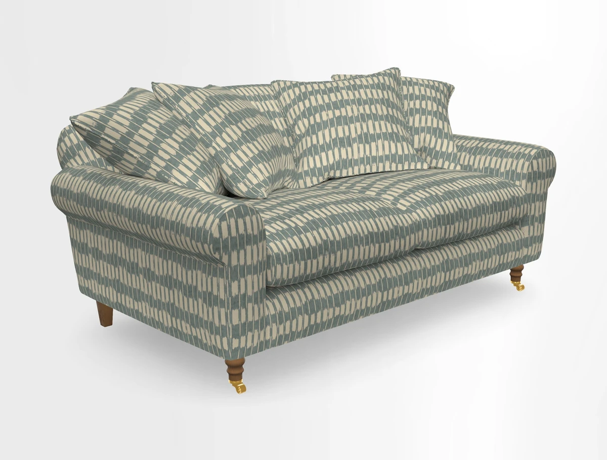 Walberswick 3 Seater Sofa in Etta's Bouquet Sunset Moss with scatters in Sussex Stripe Brick and Snape Chair in Almost Plain Velvet Spring