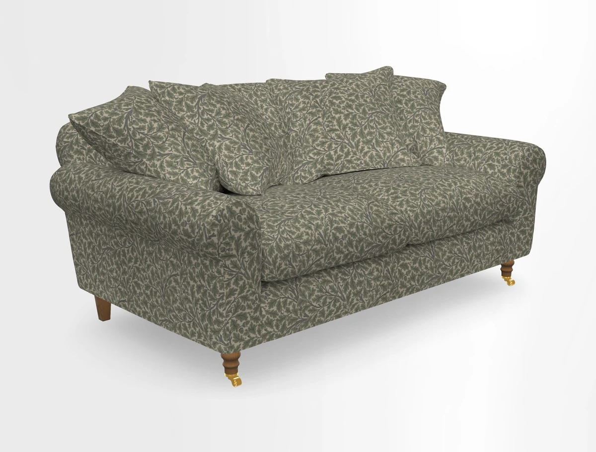Walberswick 3 Seater Sofa in Etta's Bouquet Sunset Moss with scatters in Sussex Stripe Brick and Snape Chair in Almost Plain Velvet Spring