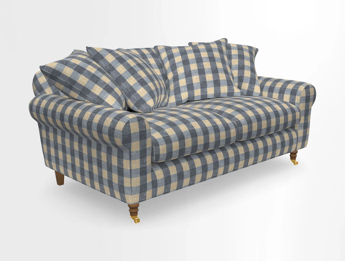 Walberswick 3 Seater Sofa in Etta's Bouquet Sunset Moss with scatters in Sussex Stripe Brick and Snape Chair in Almost Plain Velvet Spring