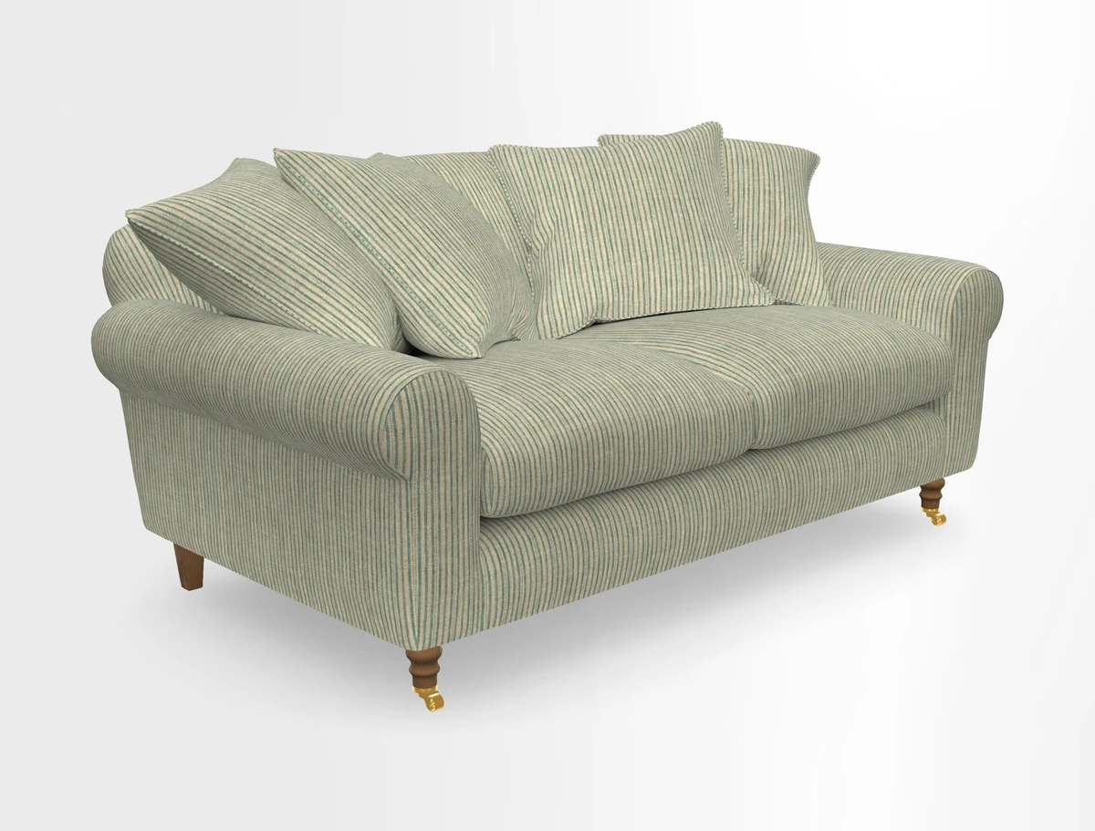 Walberswick 3 Seater Sofa in Etta's Bouquet Sunset Moss with scatters in Sussex Stripe Brick and Snape Chair in Almost Plain Velvet Spring