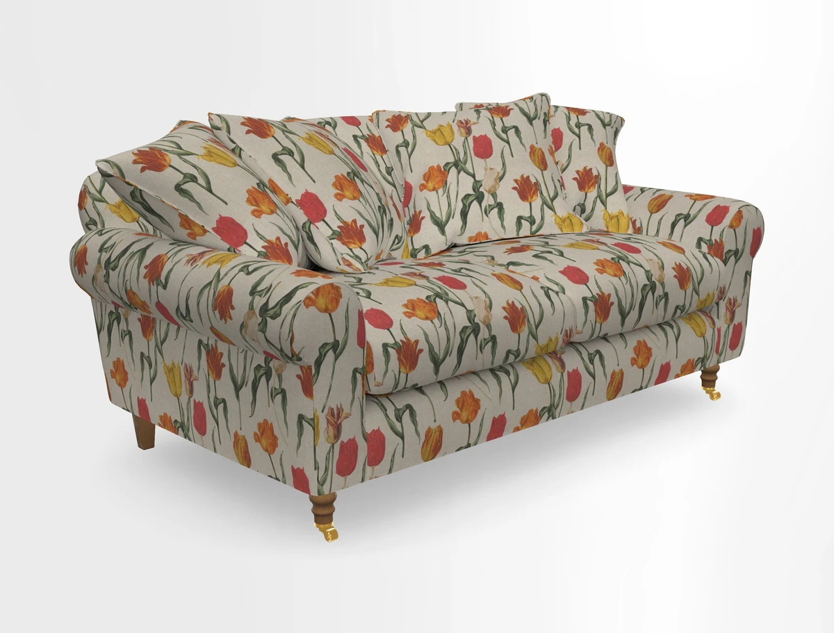 Walberswick 3 Seater Sofa in Etta's Bouquet Sunset Moss with scatters in Sussex Stripe Brick and Snape Chair in Almost Plain Velvet Spring
