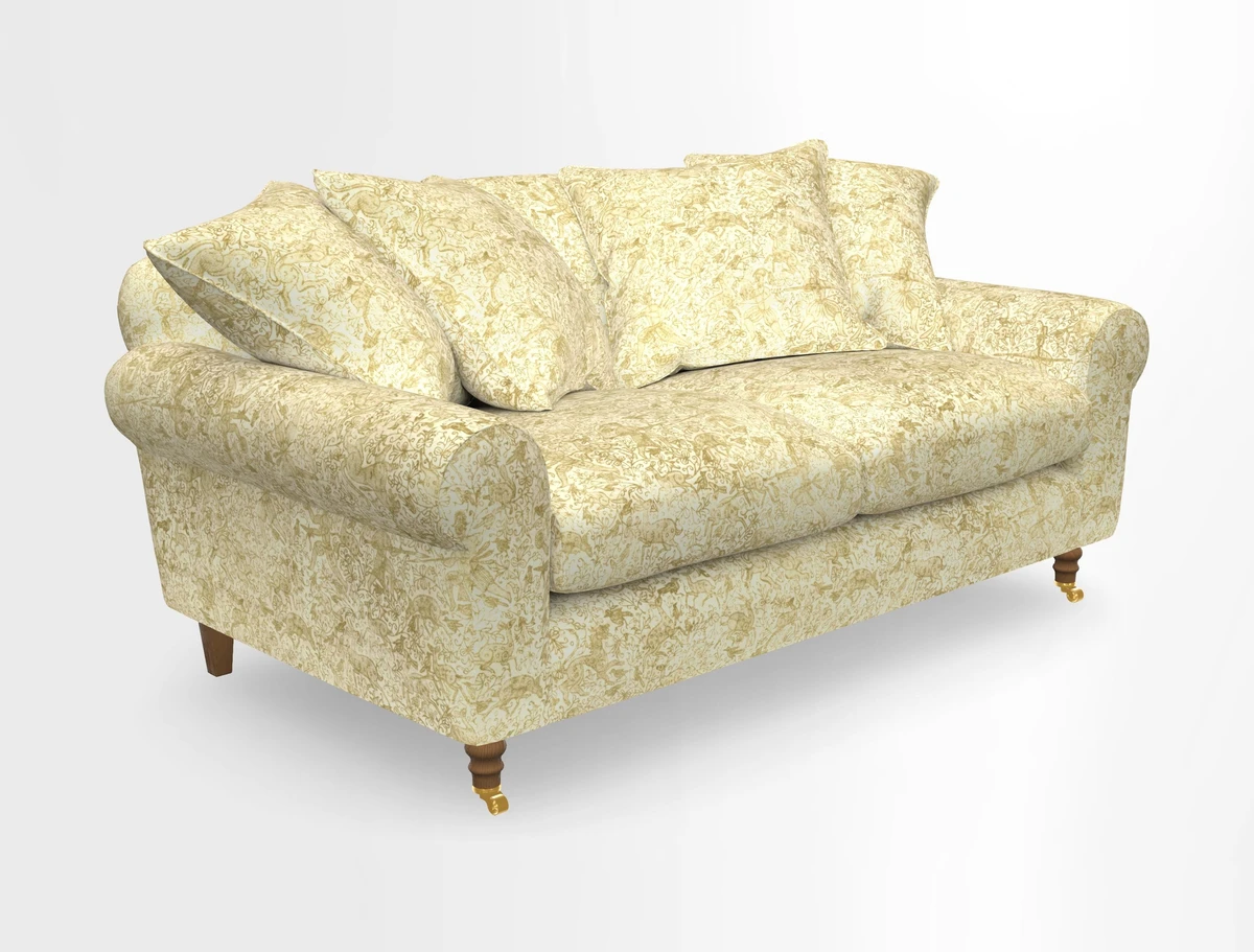 Walberswick 3 Seater Sofa in Etta's Bouquet Sunset Moss with scatters in Sussex Stripe Brick and Snape Chair in Almost Plain Velvet Spring