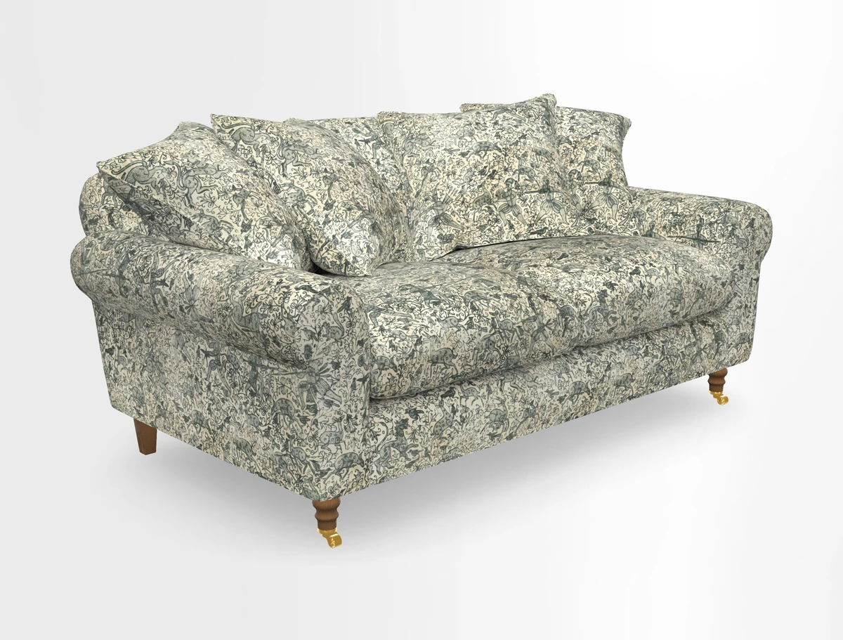 Walberswick 3 Seater Sofa in Etta's Bouquet Sunset Moss with scatters in Sussex Stripe Brick and Snape Chair in Almost Plain Velvet Spring