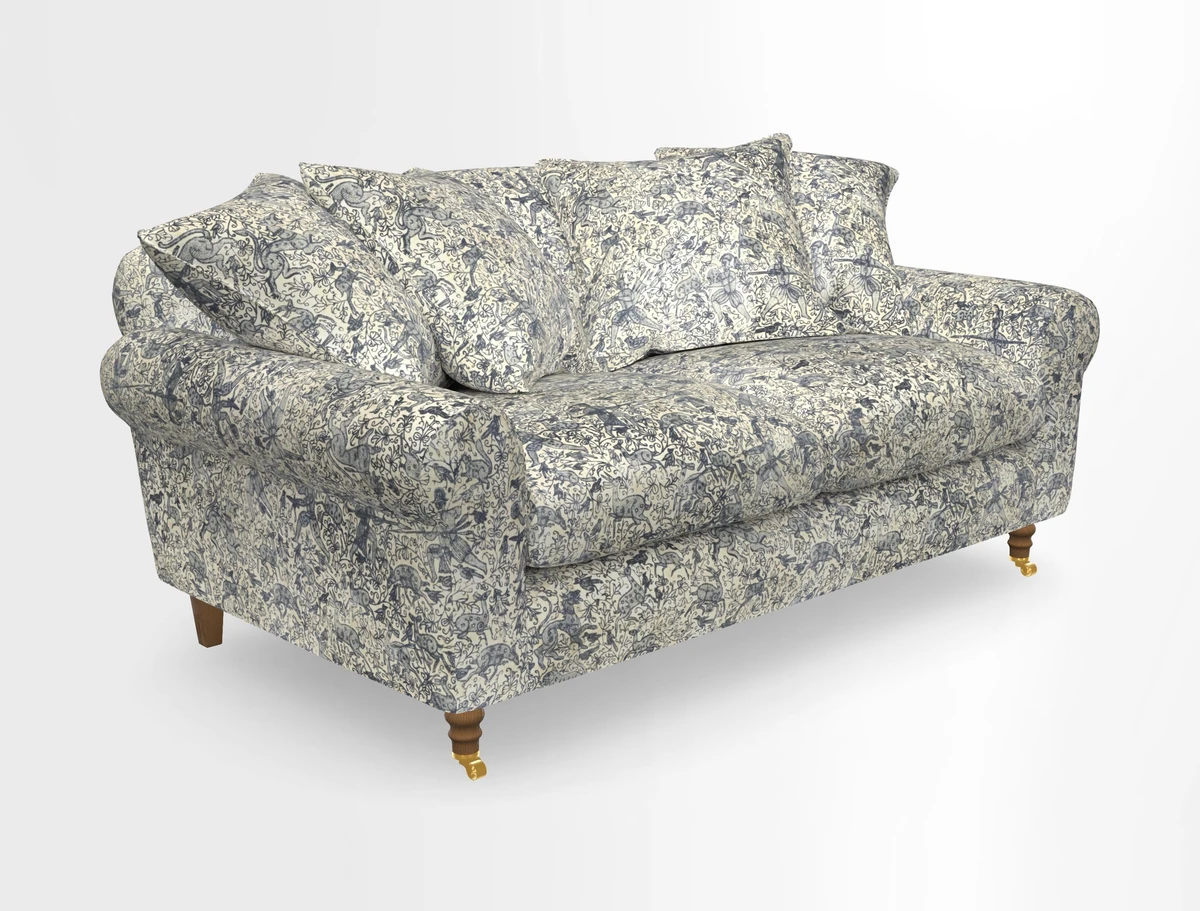 Walberswick 3 Seater Sofa in Etta's Bouquet Sunset Moss with scatters in Sussex Stripe Brick and Snape Chair in Almost Plain Velvet Spring