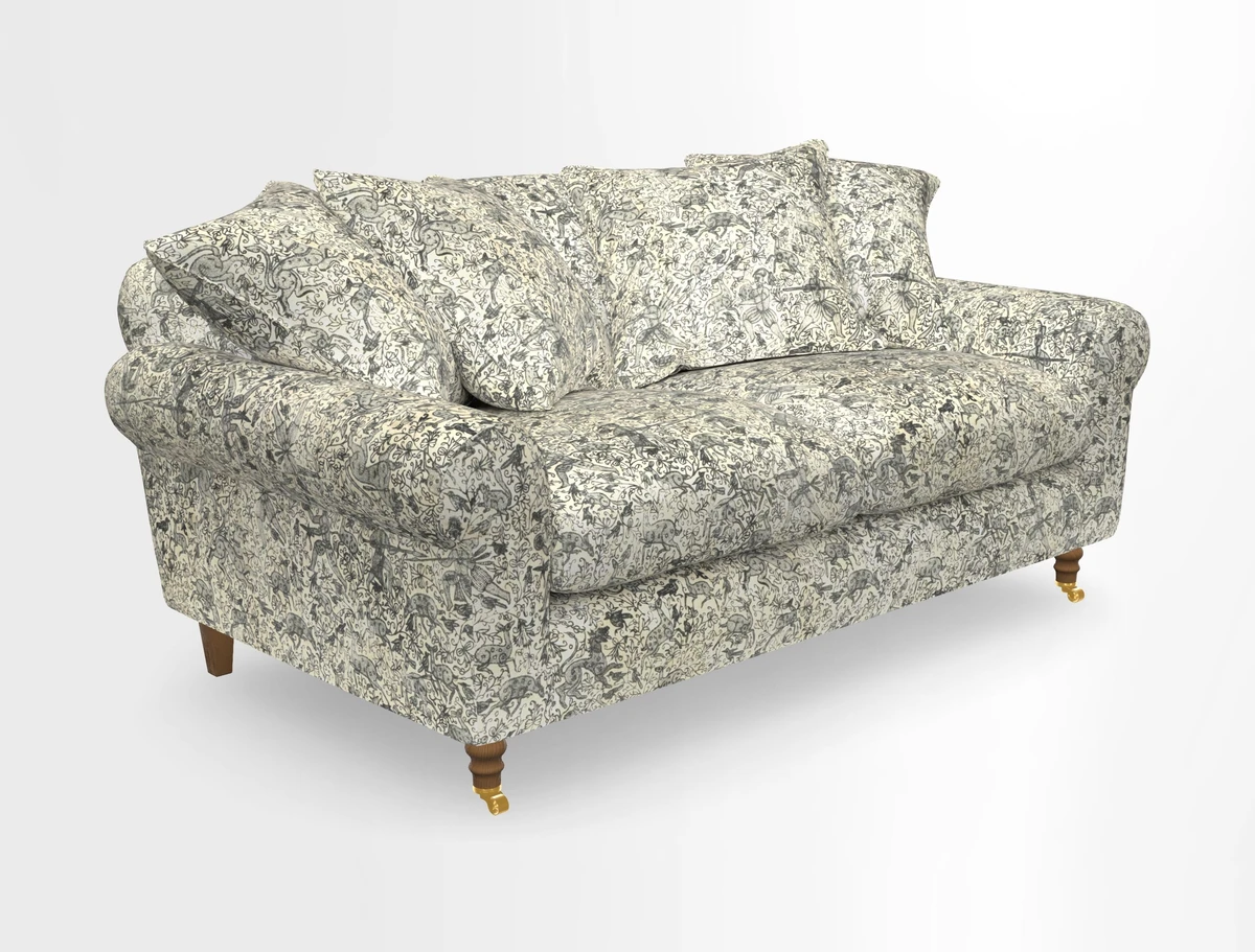 Walberswick 3 Seater Sofa in Etta's Bouquet Sunset Moss with scatters in Sussex Stripe Brick and Snape Chair in Almost Plain Velvet Spring