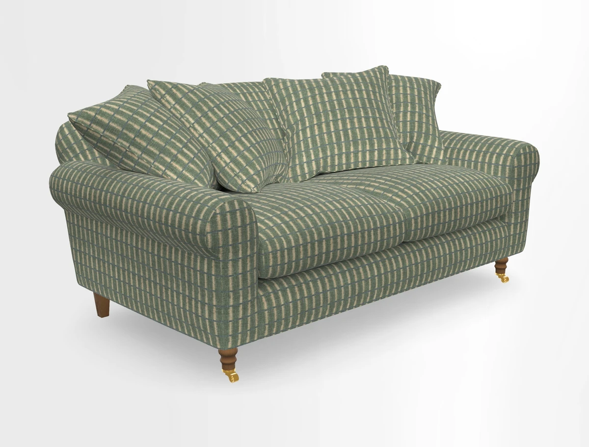 Walberswick 3 Seater Sofa in Etta's Bouquet Sunset Moss with scatters in Sussex Stripe Brick and Snape Chair in Almost Plain Velvet Spring