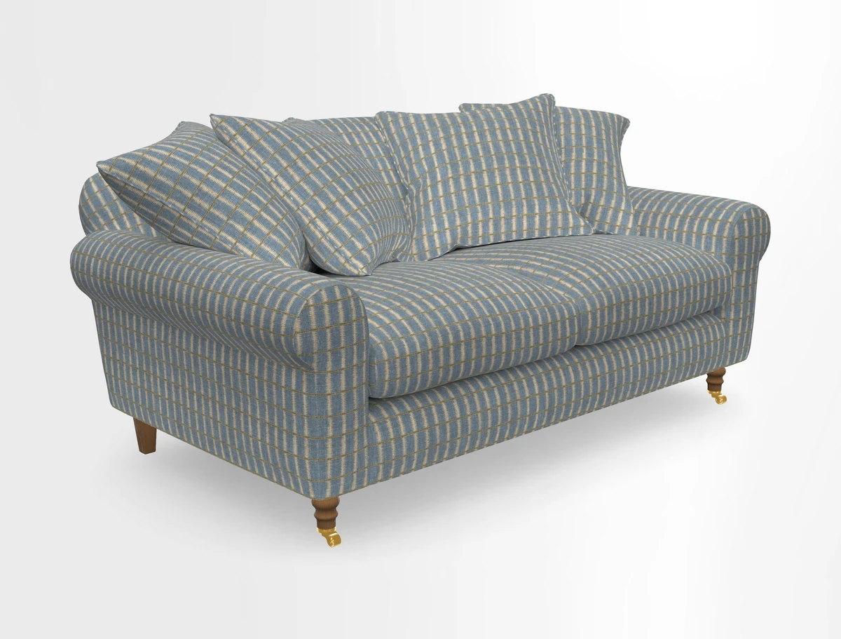 Walberswick 3 Seater Sofa in Etta's Bouquet Sunset Moss with scatters in Sussex Stripe Brick and Snape Chair in Almost Plain Velvet Spring