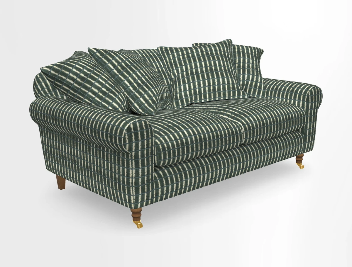 Walberswick 3 Seater Sofa in Etta's Bouquet Sunset Moss with scatters in Sussex Stripe Brick and Snape Chair in Almost Plain Velvet Spring