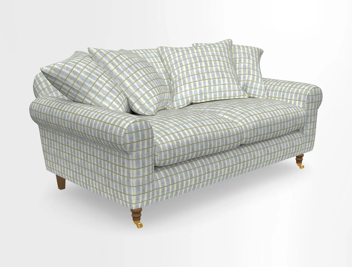 Walberswick 3 Seater Sofa in Etta's Bouquet Sunset Moss with scatters in Sussex Stripe Brick and Snape Chair in Almost Plain Velvet Spring