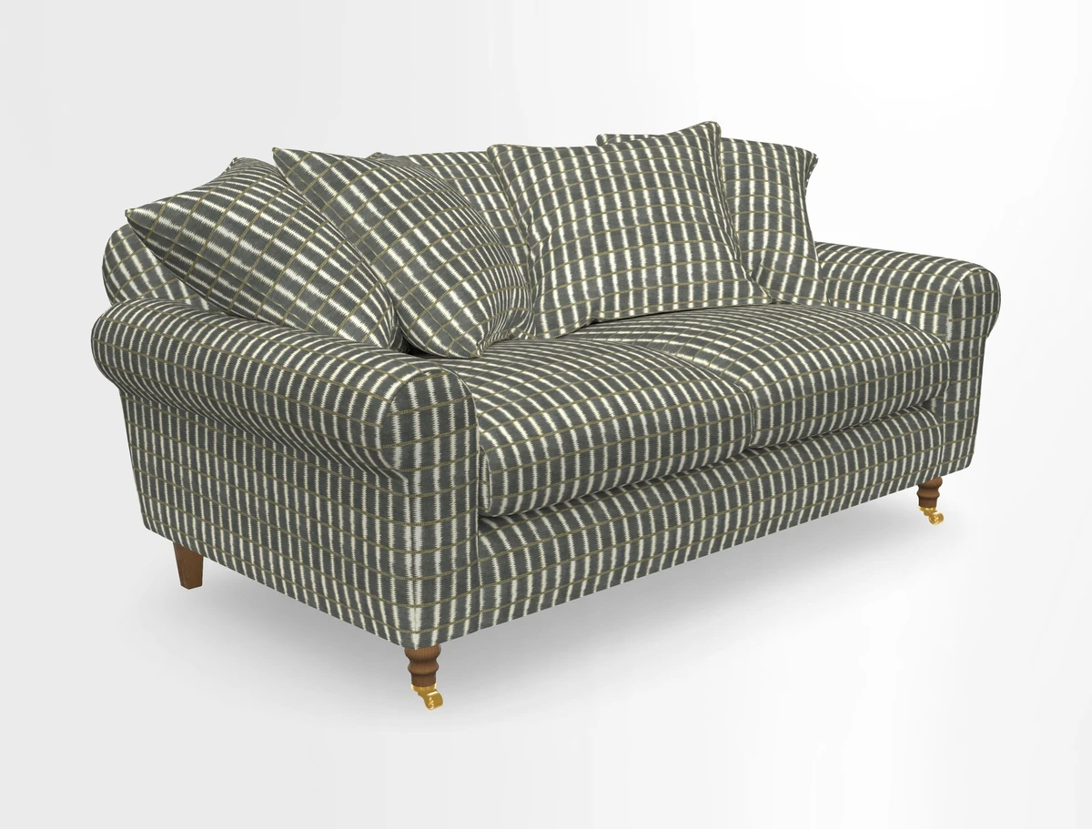 Walberswick 3 Seater Sofa in Etta's Bouquet Sunset Moss with scatters in Sussex Stripe Brick and Snape Chair in Almost Plain Velvet Spring