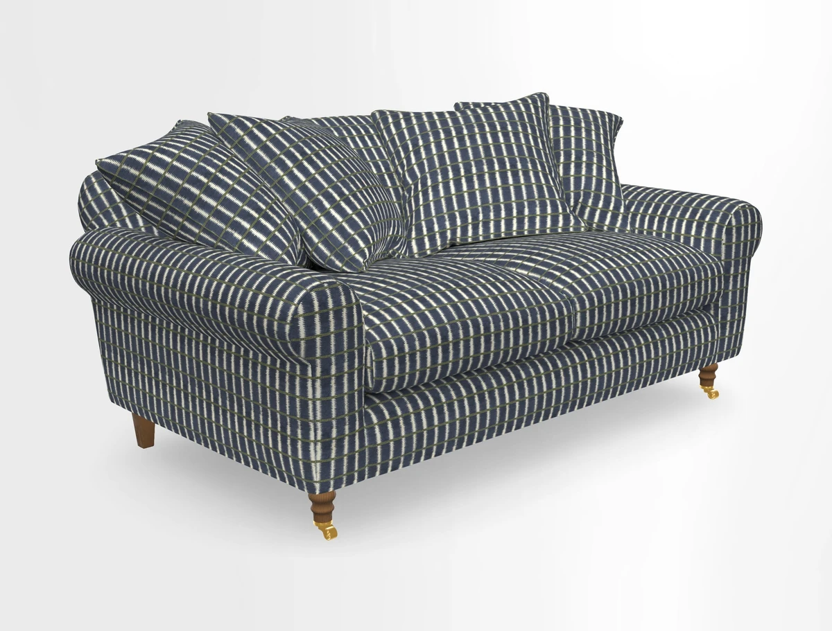 Walberswick 3 Seater Sofa in Etta's Bouquet Sunset Moss with scatters in Sussex Stripe Brick and Snape Chair in Almost Plain Velvet Spring