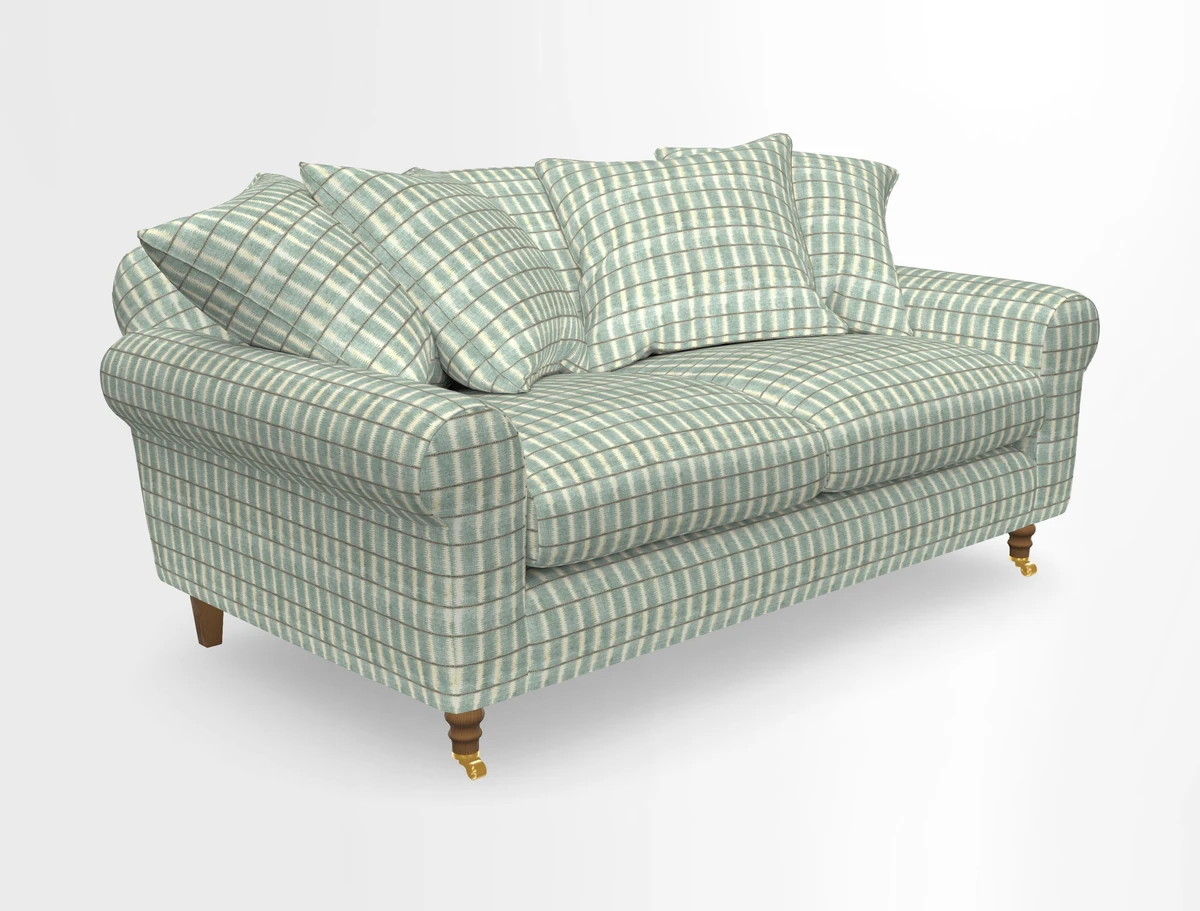 Walberswick 3 Seater Sofa in Etta's Bouquet Sunset Moss with scatters in Sussex Stripe Brick and Snape Chair in Almost Plain Velvet Spring