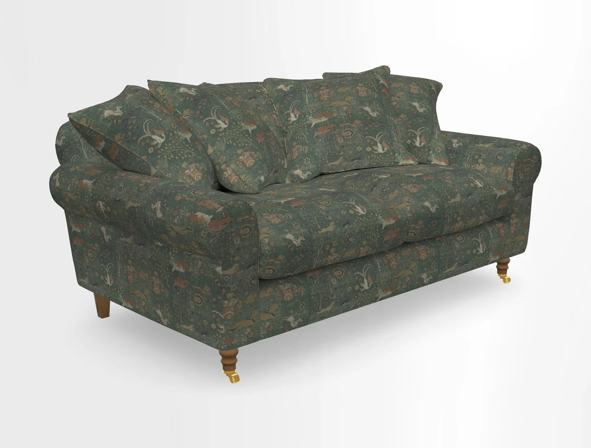 Walberswick 3 Seater Sofa in Etta's Bouquet Sunset Moss with scatters in Sussex Stripe Brick and Snape Chair in Almost Plain Velvet Spring